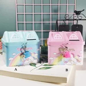 1pc Cartoon Unicorn Print Money Box With Lock, Cute House Shaped Coin Box For Kids Children Multicolor