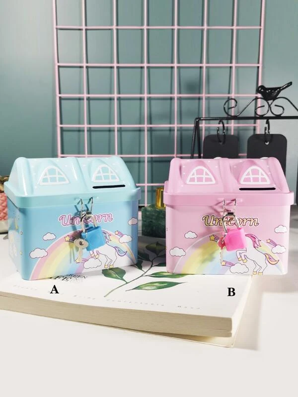 1pc Cartoon Unicorn Print Money Box With Lock, Cute House Shaped Coin Box For Kids Children Multicolor