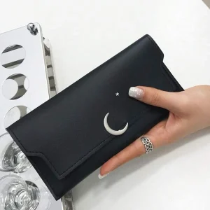 Minimalist Long Wallet Moon & Star Decor Checkbook Cover Slim Portable,Money,Cash White-Collar Workers,For Female,For Women College,Work, Business, Commute,Office,For Anniversary,For Lover,For Birthday Gift,On Valentine Day Gift, Gift Black