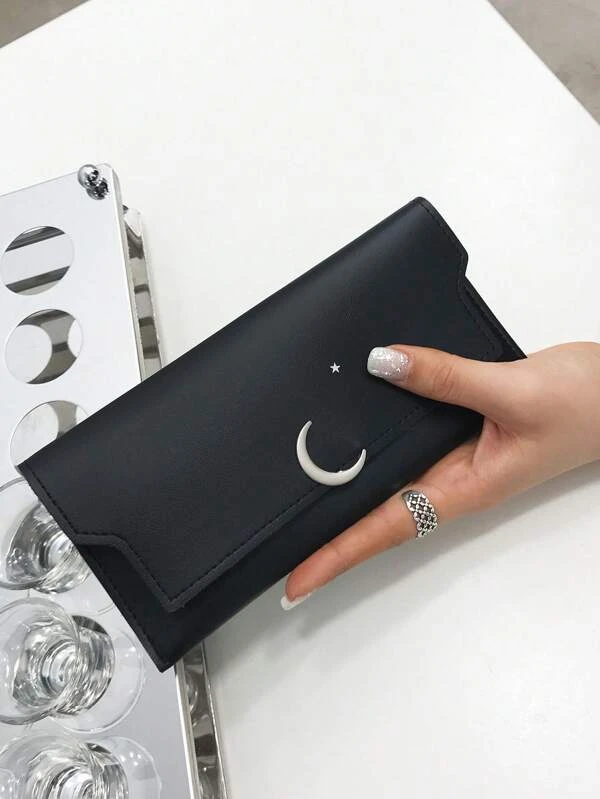 Minimalist Long Wallet Moon & Star Decor Checkbook Cover Slim Portable,Money,Cash White-Collar Workers,For Female,For Women College,Work, Business, Commute,Office,For Anniversary,For Lover,For Birthday Gift,On Valentine Day Gift, Gift Black