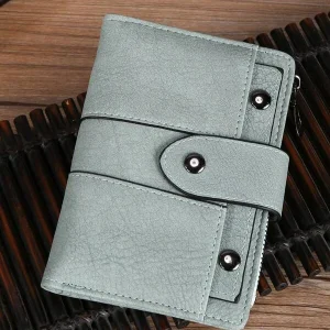 Short Vintage Matte Women's 3-fold Wallet With Card Slot Drawbar Buckle, Studded Card Holder Green