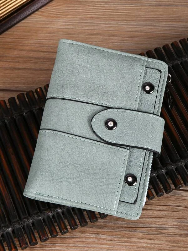 Short Vintage Matte Women's 3-fold Wallet With Card Slot Drawbar Buckle, Studded Card Holder Green