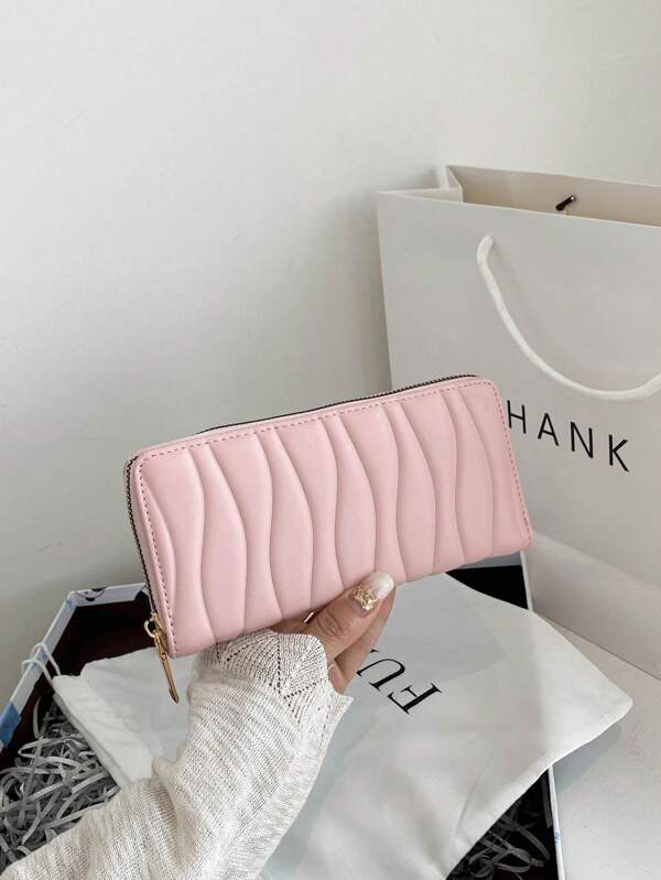 Embossed Detail Long Wallet Minimalist Pink Slim Portable Money Cash White-Collar Workers For Female For Women College Work Business Commute Office For Anniversary For Birthday Gift On Valentine Day Gift Present Gifts For Teachers Business Casual Pink