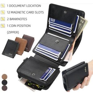 Men's Thin Short Wallet With Multi-Card Slots, Zipper Coin Pocket, Three-Fold Design Black