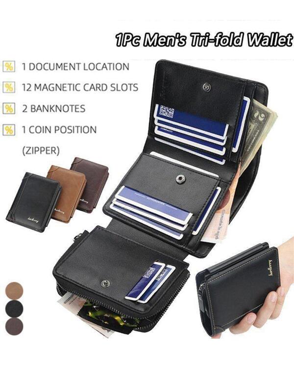 Men's Thin Short Wallet With Multi-Card Slots, Zipper Coin Pocket, Three-Fold Design Black