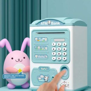 Children's Savings Piggy Bank, Fingerprint Sensor, Removable, Only Accessible But Not Accessible, Internet Celebrity Password Safe, Music Safe For Boys And Girls Blue