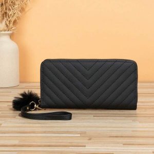 Women's Fashionable Embroidery And Pom Pom Decorated Wallet Card Holder Coin Purse Bag Present Business Casual Wristlet Wallet Black