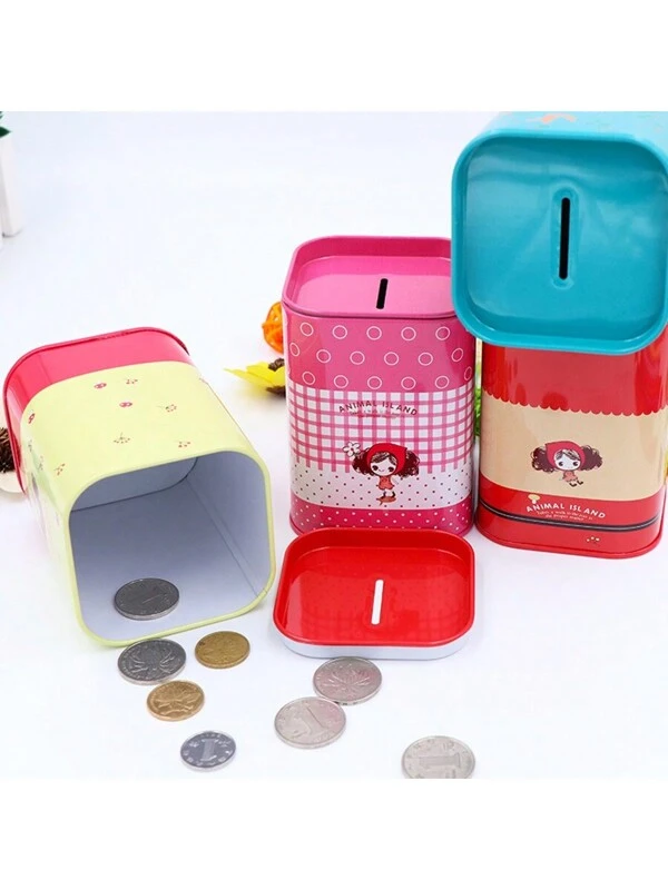 1pc Color Random Small Gift Piggy Bank Cartoon Pulla Girl Money Bank Christmas Square Metal Piggy Bank Large Capacity Can Be Used As A Pen Holder Multicolor