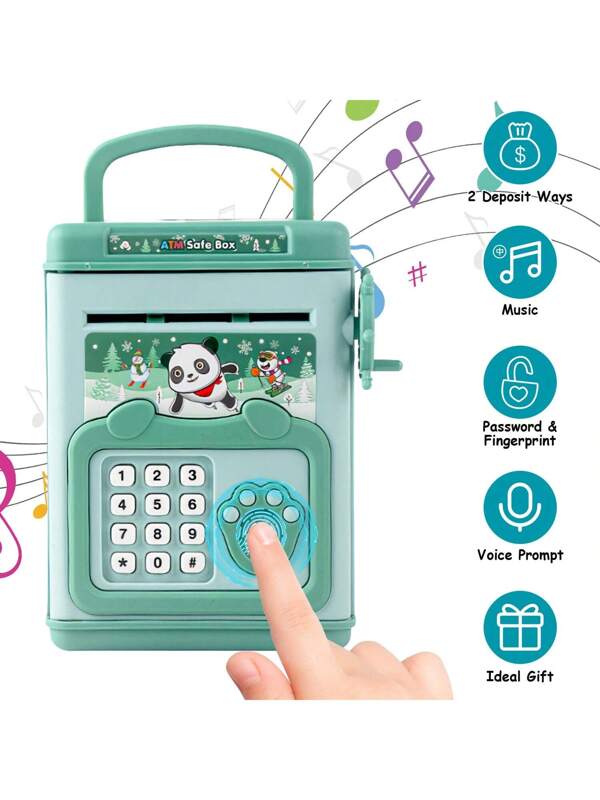 1Pc Piggy Bank Toy Cash Coin Money Bank Money Saving Box With Password Fingerprint Voice Prompt Folding Handle For Boys Girls Green