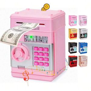 Christmas Decoration Electronic Piggy Bank For Kids, ATM Bank Safe Toys Cash Coin Can Money Saving Box For Boys Girls, Cute Stuff ATM Machine Gifts For 3 4 5 6 7 8 9 10 Year Old Children, Banknotes And Coins Not Included, Light Pink Baby Pink