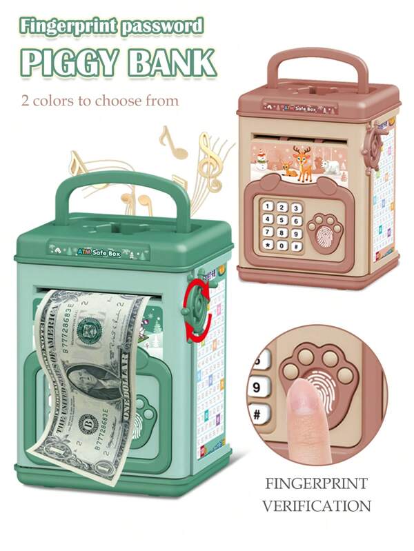 1box Atm Money Saving Bank With Password & Fingerprint Unlocking, Toy Coin Storage, Music/Sound Effect/Voice Prompts, Manual Paper Rolling, Handheld, Educational, Parent-Child Interaction For Kids Aged 3 And Up, Random Accessories (Excluding Ordinary Batteries), Certified For Children Multicolor