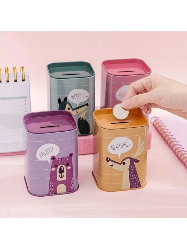 1pc Random Color Animal Savings Jar, Can Be Used As Pen Holder, Large Capacity Square Metal Money Jar, Exquisite Colorful Money Box For Home Coin Storage Multicolor