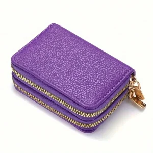 Women's Double Zipper Wallet - Large Capacity Credit Card Holder And Coin Purse  Solid Color Various Colors Available Purple