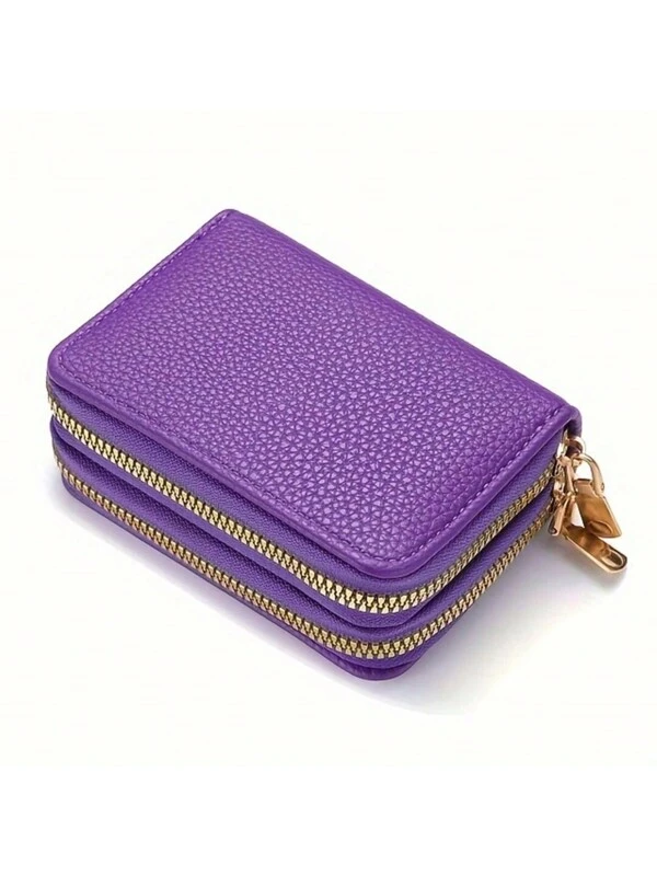 Women's Double Zipper Wallet - Large Capacity Credit Card Holder And Coin Purse  Solid Color Various Colors Available Purple