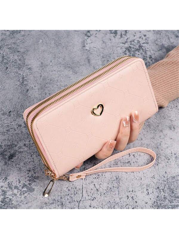 Fashionable Personalized Women Long Wallet Double-Layer Zipper Purse Large Capacity Handbag Korean Style Easy To Carry 2 Folds Wristlet Wallet Pink