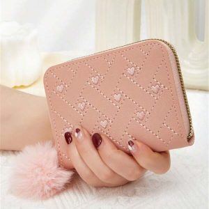 Women's Solid Color Minimalist Clutch Purse With Heart Embroidery Decor Pink