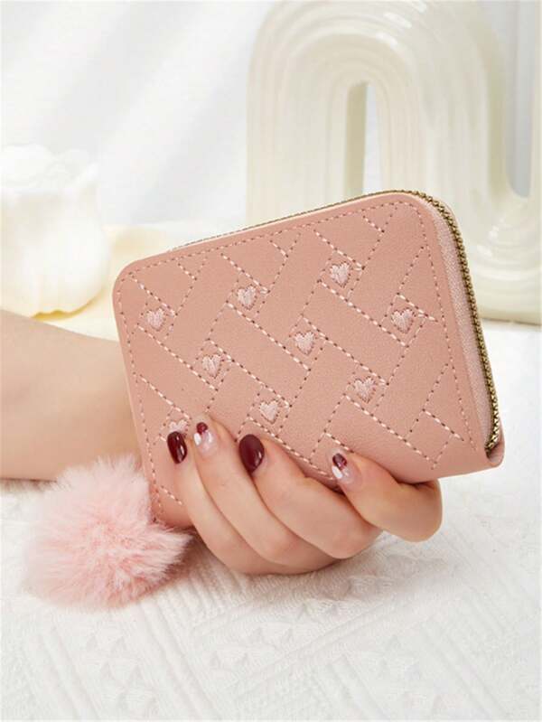 Women's Solid Color Minimalist Clutch Purse With Heart Embroidery Decor Pink