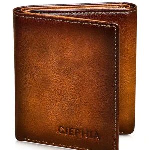 Premium Men Leather Trifold Wallet - Secure ID Window With RFID Blocking -  Genuine Leather, Large Capacity & Convenient Flip-Out Holder Brown