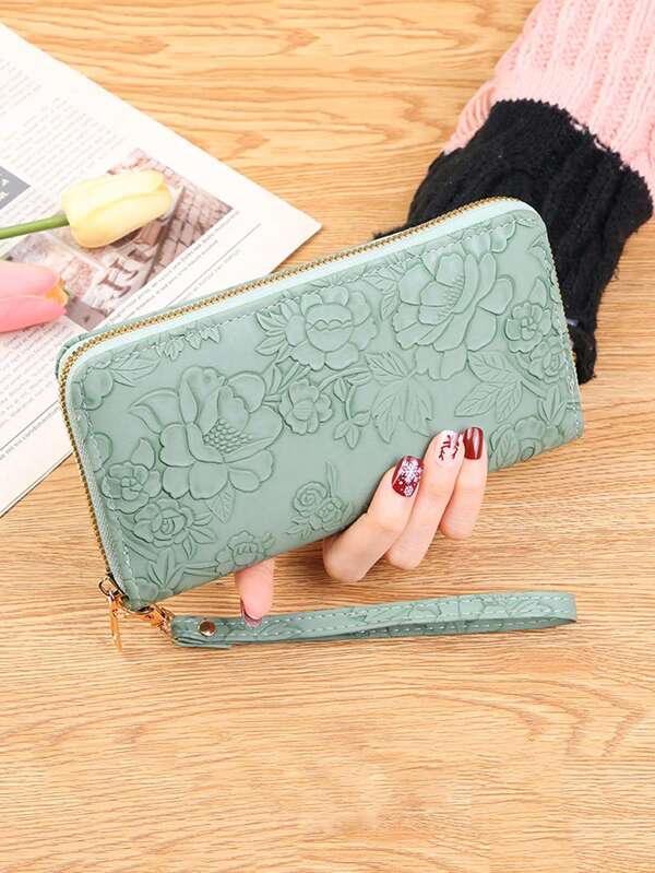 Fashion Flower Embossed Long Wallet Green