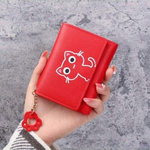 New Cute Cartoon Cat Print Trifold Short Wallet, Small Coin Purse For Women Red