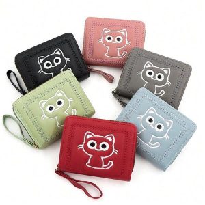 Women's Creative Cartoon Cat Embroidery Short Wallet With Wrist Strap, Mini Zipper Coin Purse, Fashion Convenient Credit Card Holder, Suitable For Girls, Ladies, Students, Newbies And Office Workers, Outdoor, Work, Business Commute Black