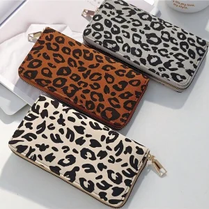 Retro Women's Leopard Print Long Wallet, Fashionable Faux Leather, Classic Style Grey