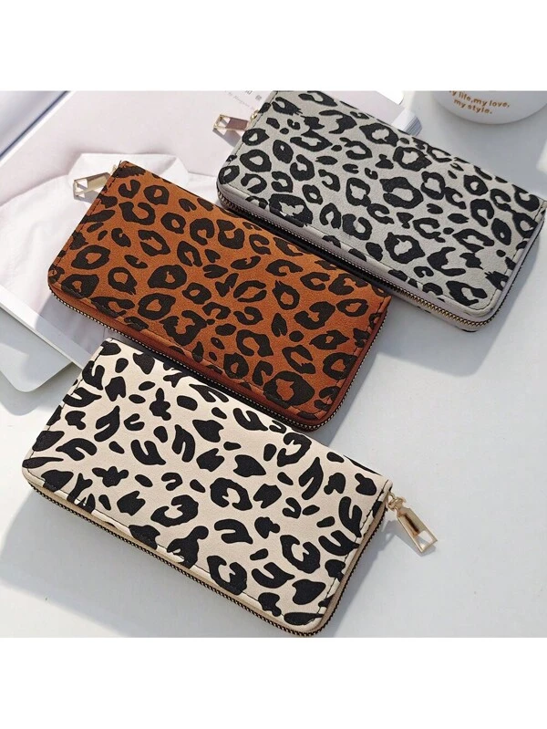 Retro Women's Leopard Print Long Wallet, Fashionable Faux Leather, Classic Style Grey